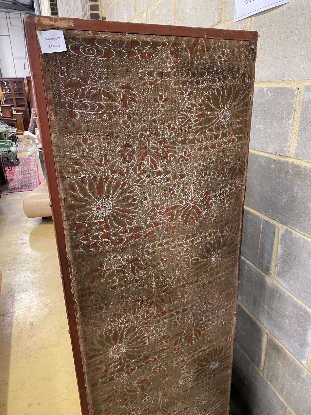 An embroidered Chinese style four fold dressing screen, each panel width 48cm, height 170cm